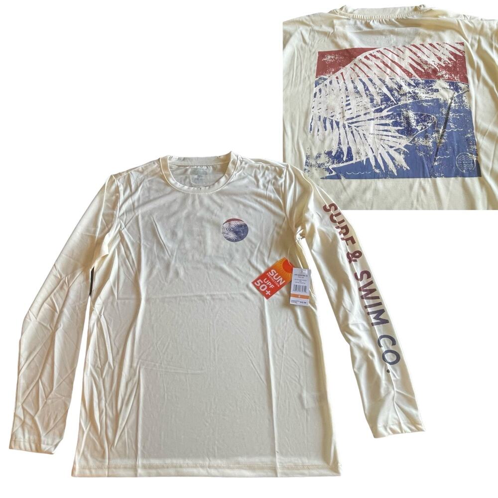 NEW Surf & SWIM TEE Long Sleeve SM Mens Womens Yellow Ocean Palm T Shirt UPF 50+